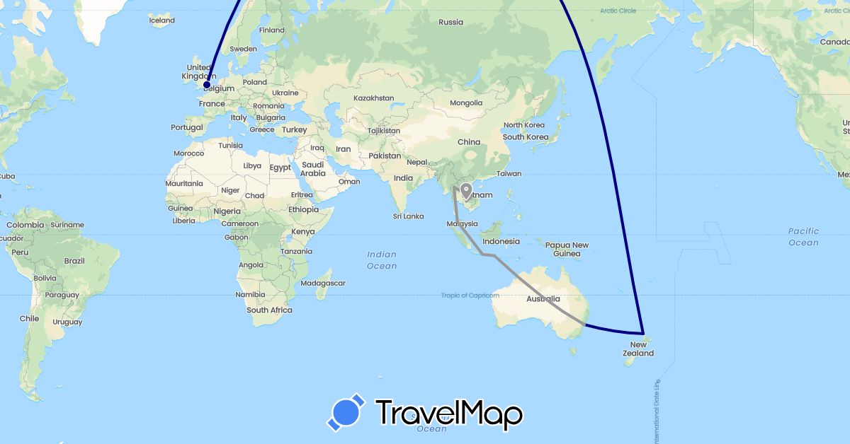 TravelMap itinerary: driving, plane in Australia, United Kingdom, Indonesia, Cambodia, Laos, Malaysia, New Zealand, Thailand (Asia, Europe, Oceania)